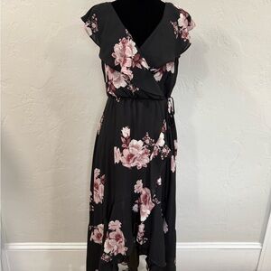 Soprano Asymmetrical Black and Pink Floral Dress
